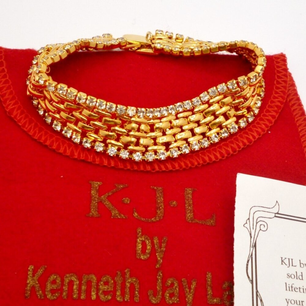 Kenneth Jay Lane Bracelet Gold Plate Panther Link & Crystals + Bag Perfect 31169